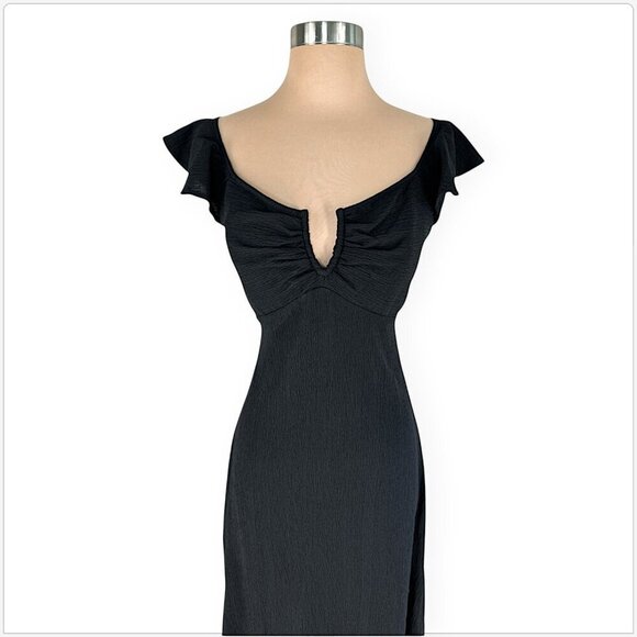 Max Studio Black Crinkle Jersey Wired V Neck Empire Flutter Sleeve Dress NWT M - Picture 2 of 4